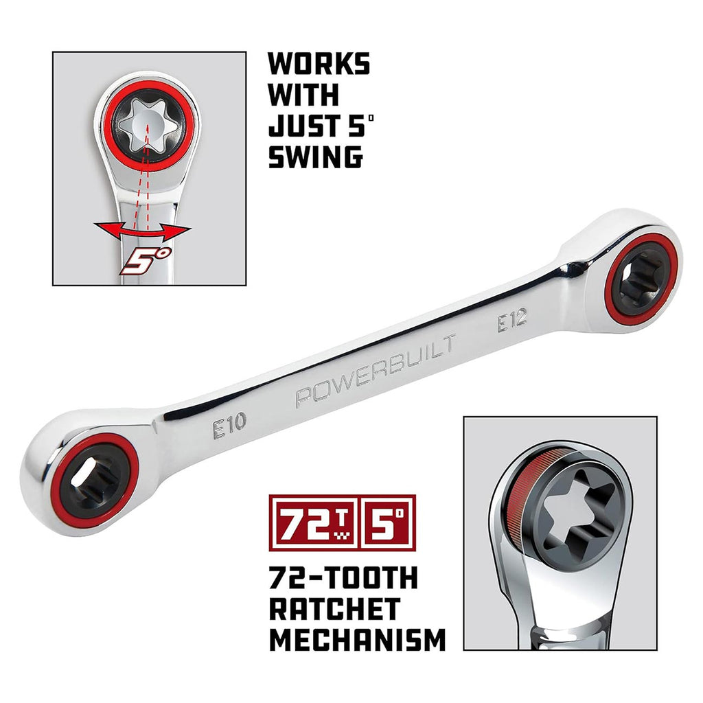 Powerbuilt E10/E12 Ratcheting Double Box-End E-Torx E-Star Wrench, 72-Tooth Ratcheting Wrench with 5-Degree Swing for Tight Spaces - 641760