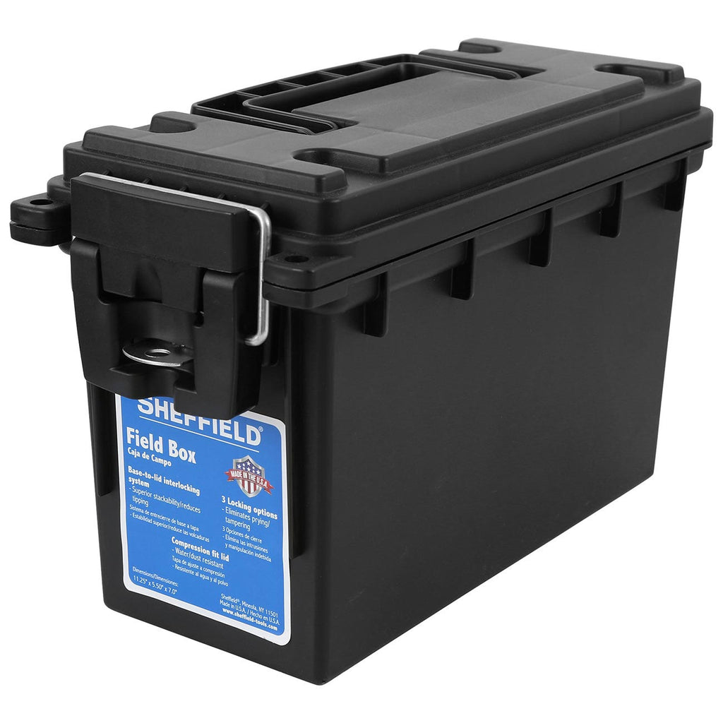Sheffield 12629 Ammo Storage Box, Stackable .30 Cal Field Boxes, Water and Dust Resistant, Lockable Storage Box with Handle, Secures Hunting Gear, Supplies, and Bullets, Made in USA, Black, 1-Pack