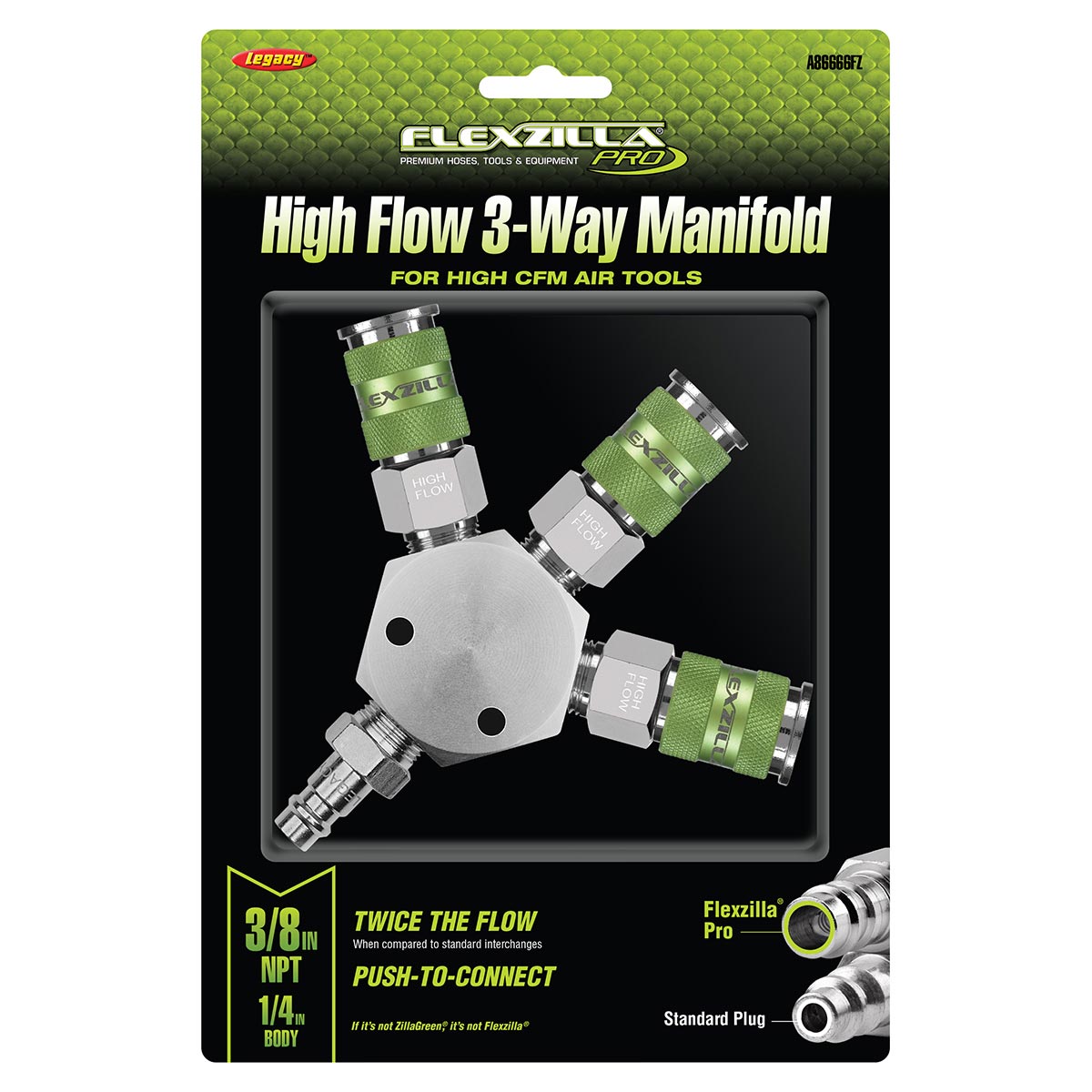 Flexzilla A86666FZ Pro High Flow 3-Way Air Manifold, 3/8" NPT Aluminum Splitter with 3 Couplers & 1 Plug
