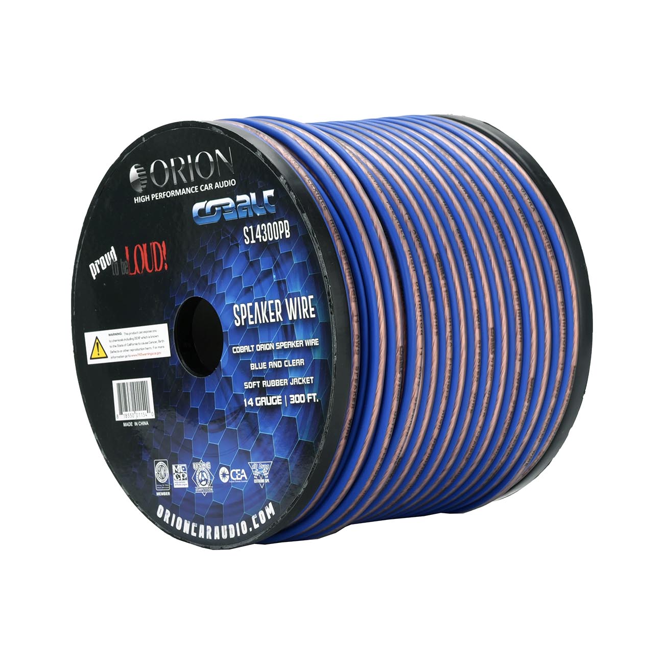 Orion Cobalt S14300PB 14 Gauge AWG (300-Ft Blue/Clear) High Powered Car Speaker Wire Roll, Surround Sound, Home Theater Speakers, RV Audio | 2x14 Gauge Speaker Cable/Wire Roll