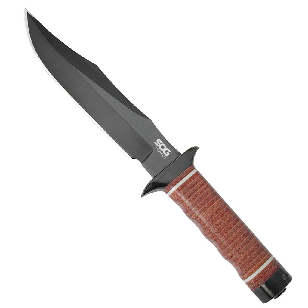 SOG Bowie 2.0 Fixed Blade Knife-Tactical Knife with 6.4 Inch Blade, Hunting Knife with Hard Case TiNi Coating and AUS-8 Steel, Leather Knife Sheath (S1T-L),Brown