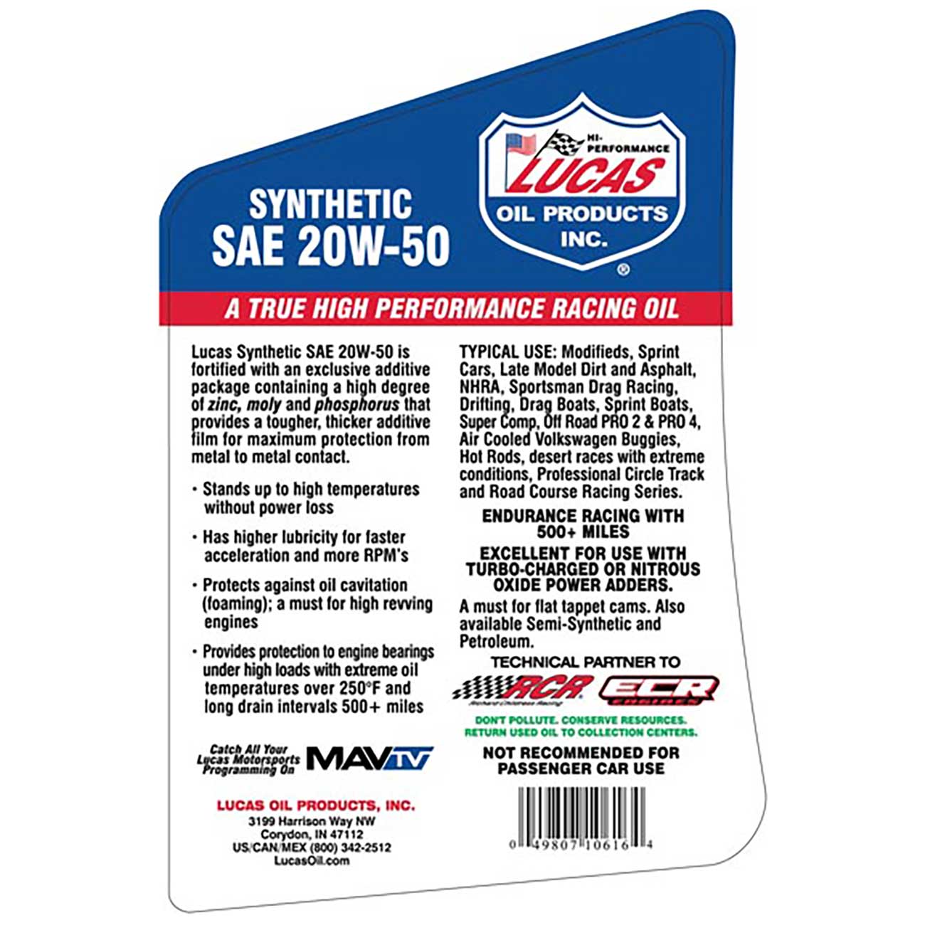 Lucas Oil 10616 SAE 20W-50 Synthetic Racing Motor Oil - 5 Quart