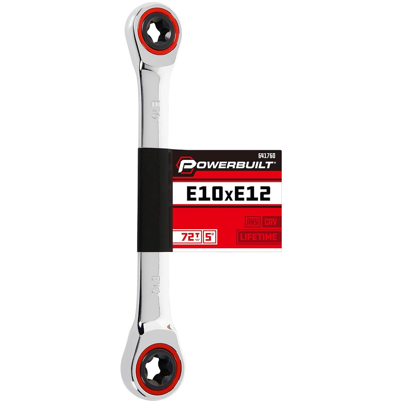 Powerbuilt E10/E12 Ratcheting Double Box-End E-Torx E-Star Wrench, 72-Tooth Ratcheting Wrench with 5-Degree Swing for Tight Spaces - 641760