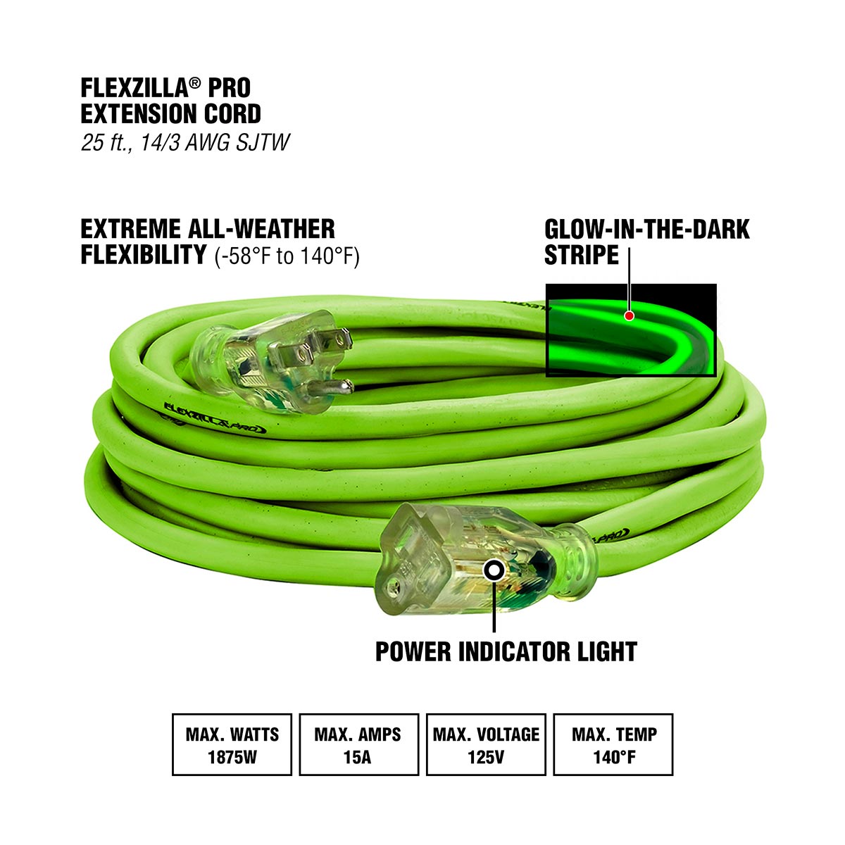 Flexzilla Pro Extension Cord, 14/3 AWG SJTW, 25 ft., Lighted Plug, Indoor/Outdoor, ZillaGreen - FZ512725