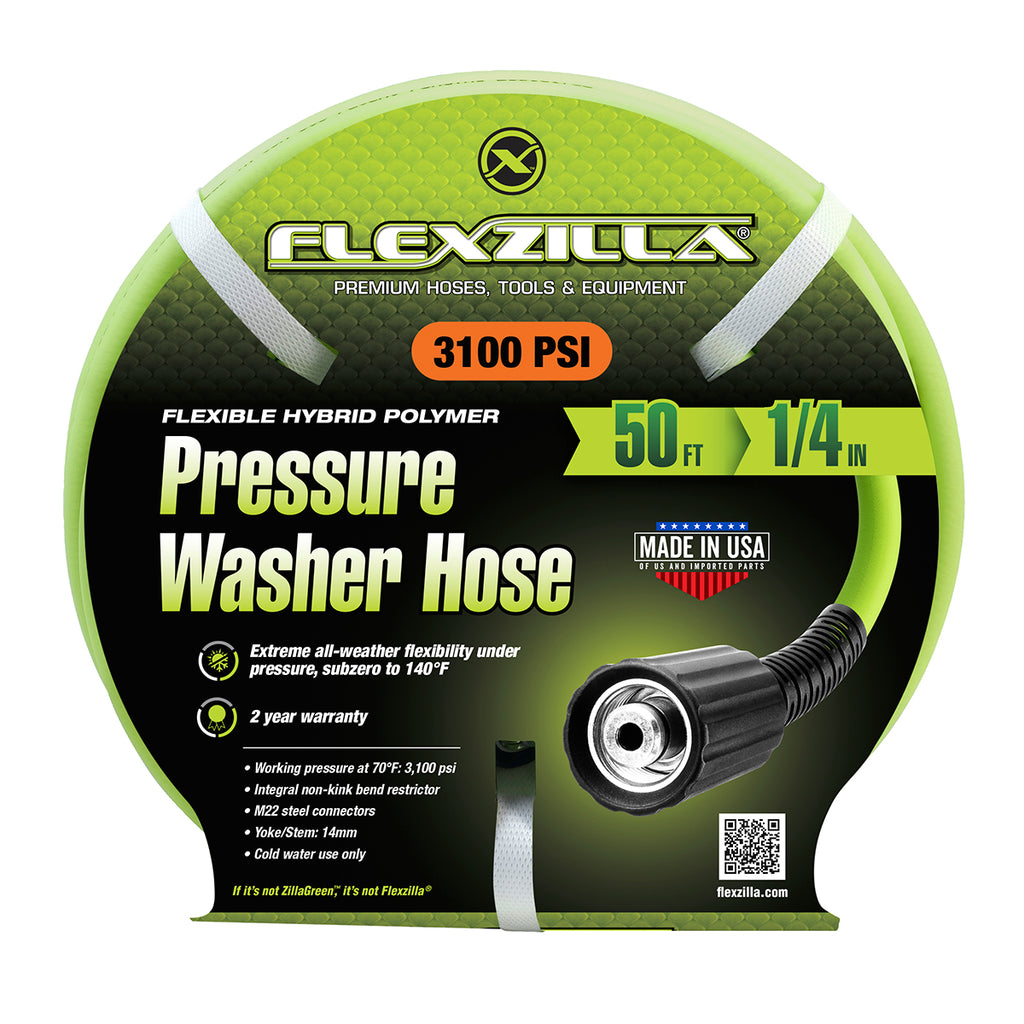 Flexzilla Pressure Washer Hose with M22 Fittings, 1/4 in. x 50 ft., ZillaGreen - HFZPW3450M-E