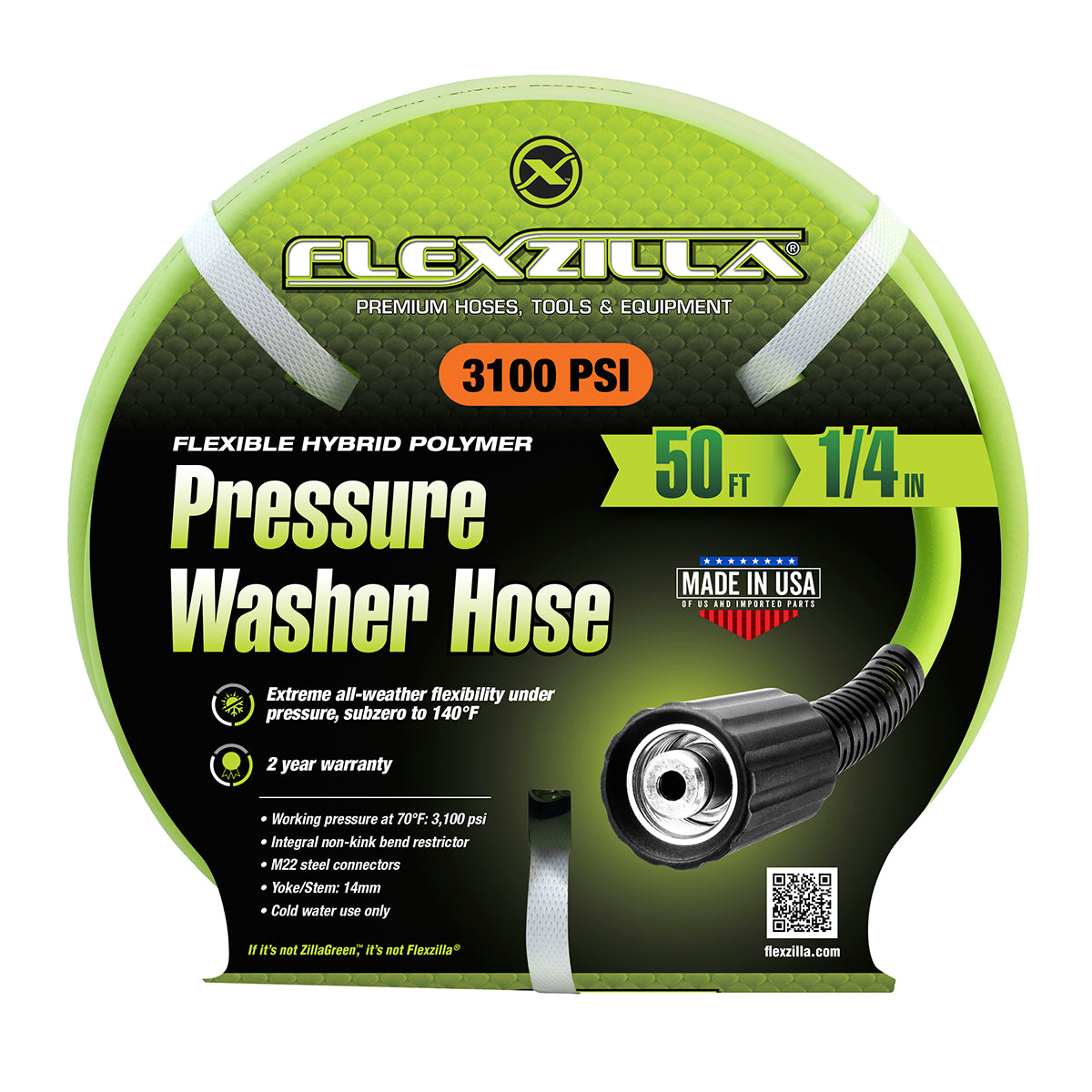 Flexzilla Pressure Washer Hose with M22 Fittings, 1/4 in. x 50 ft., ZillaGreen - HFZPW3450M-E