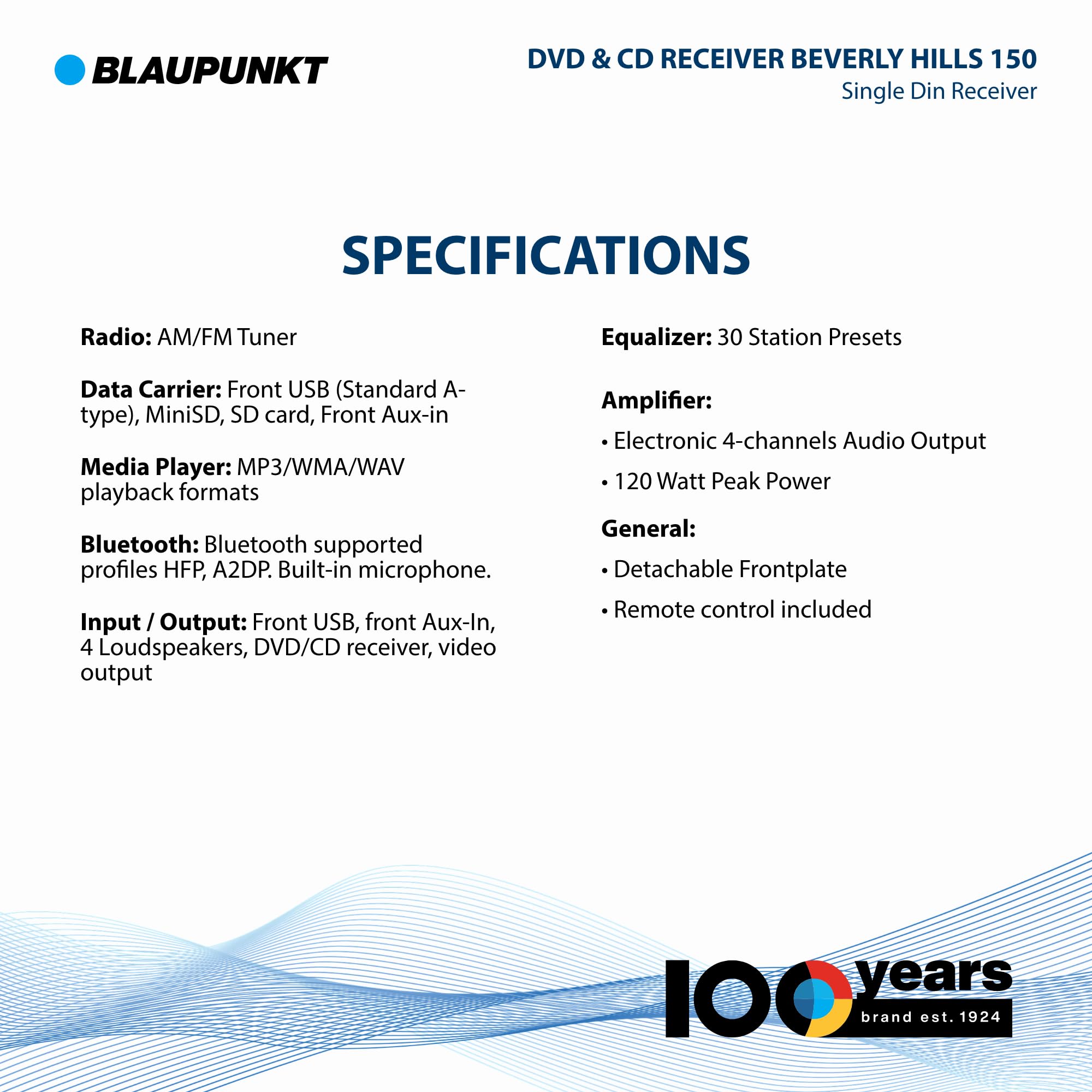 BLAUPUNKT Beverly Hills 150 Multimedia Car Stereo - 120W Peak Power, Bluetooth Connectivity, Hands-Free Calling, Detachable Faceplate, DVD & CD Receiver, USB/SD, AM/FM, Remote Control - Black