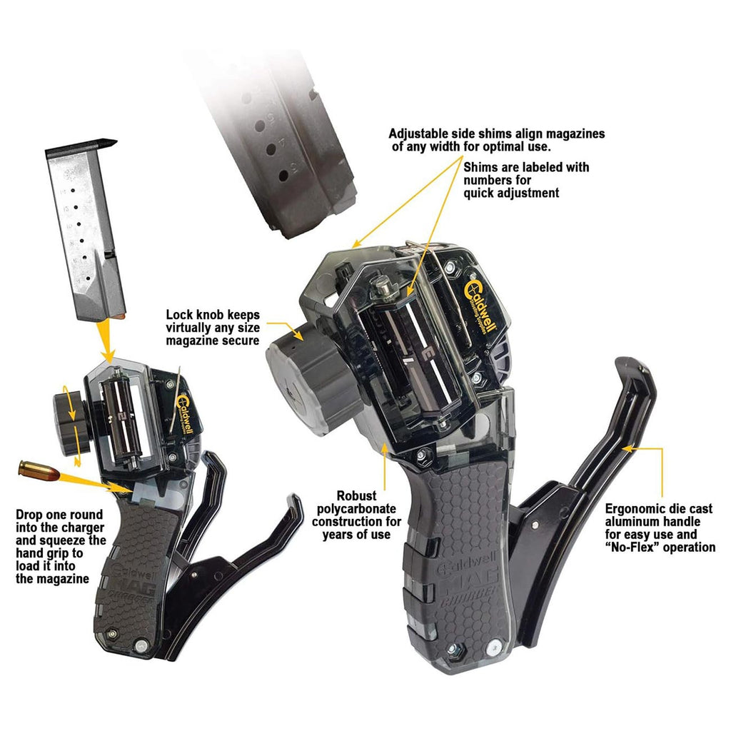 Caldwell Universal Pistol Loader with Adjustable Magazine Setting and Multi-Caliber Operation for Easy Loading Single and Double Stack Magazines for Target Shooting, Competition, and Range