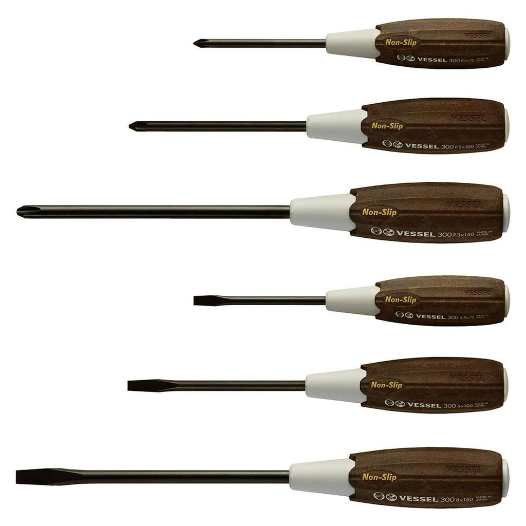 VESSEL Wood-Compo Non-Slip handle Screwdriver Made in Japan by VESSEL (6PCS SET 3006CS)