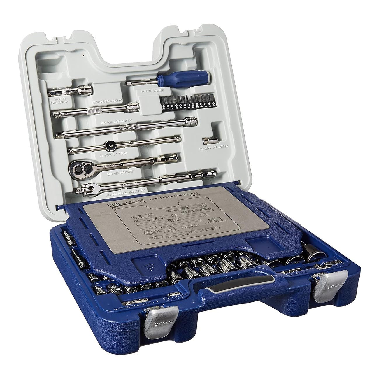 Williams 50607 79 Piece 3/8" Drive Deluxe Tool Set 6 and 12 Point Rugged-Case-System Tool Set, SAE and Metric, with 1/4" Hex Screwdriver Bits