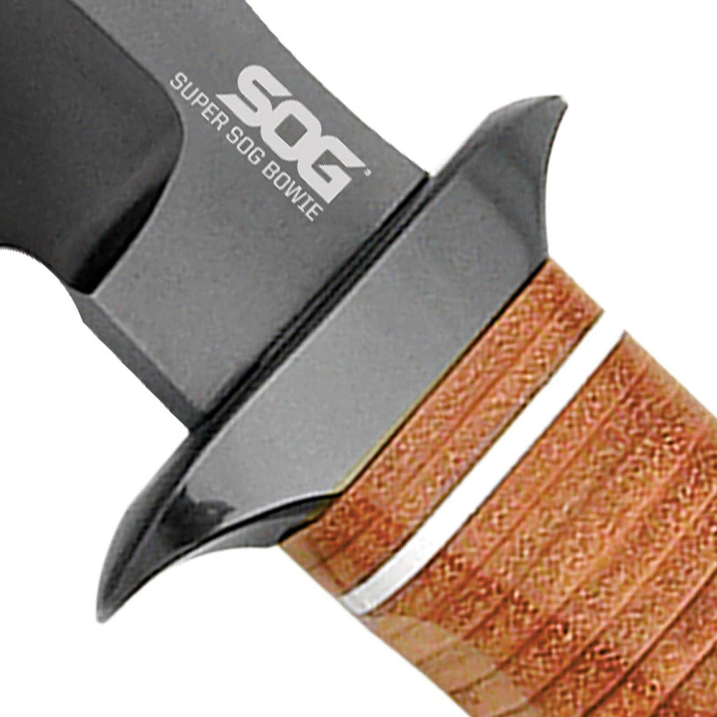 SOG Super Bowie 7.5" Black TiNi Fixed Blade Leather Handles Leather Sheath