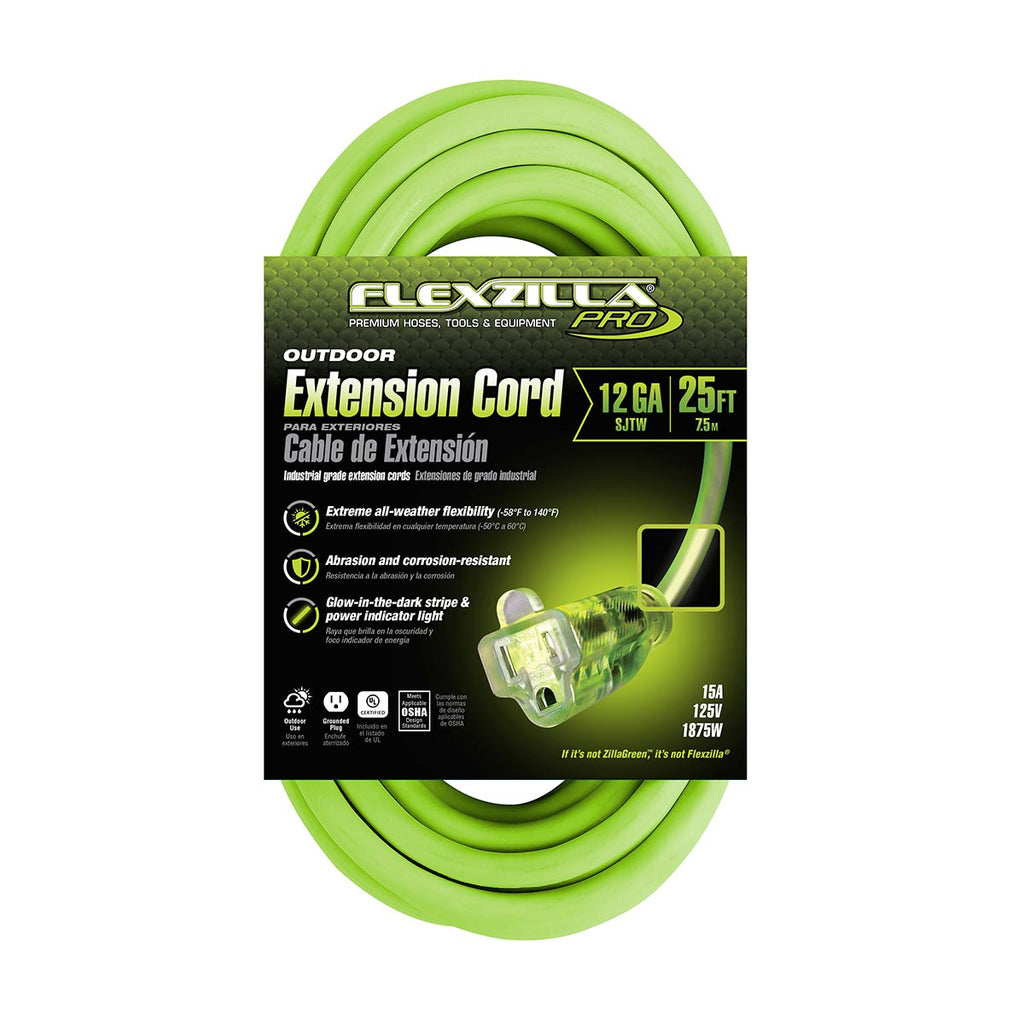 Flexzilla Pro Extension Cord, 12/3 AWG SJTW, 25 ft., Lighted Plug, Indoor/Outdoor, ZillaGreen - FZ512825
