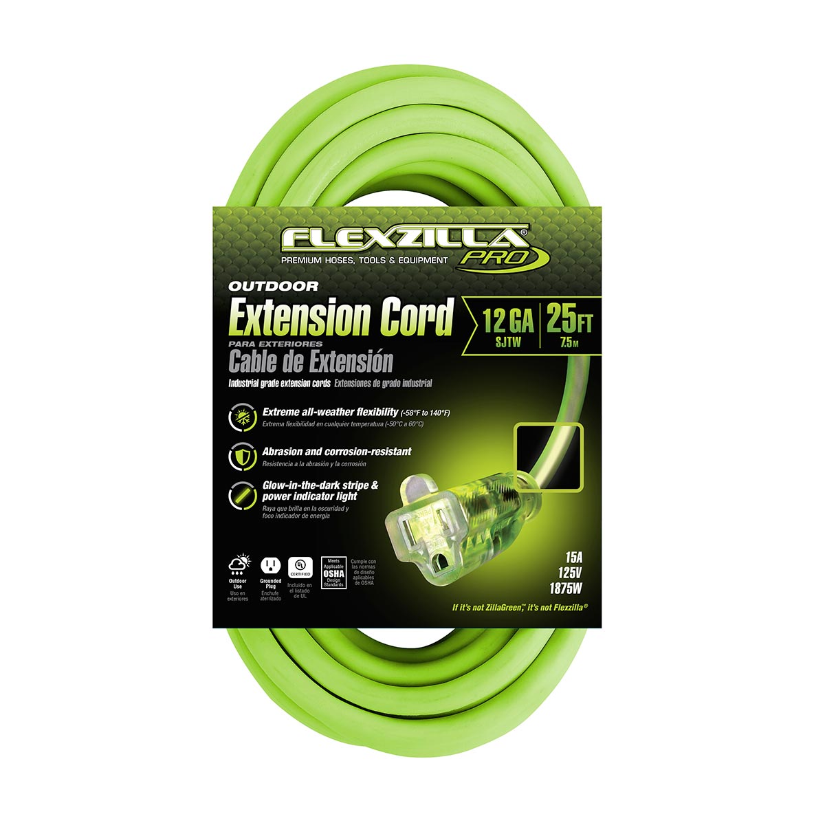 Flexzilla Pro Extension Cord, 12/3 AWG SJTW, 25 ft., Lighted Plug, Indoor/Outdoor, ZillaGreen - FZ512825