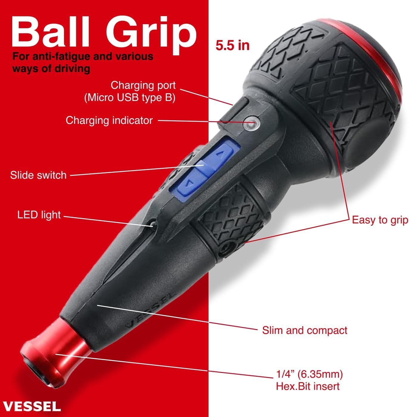(USA Official) VESSEL e-ASSIST Screwdriver | Higher-Torque Model made in Japan No.220USB1U