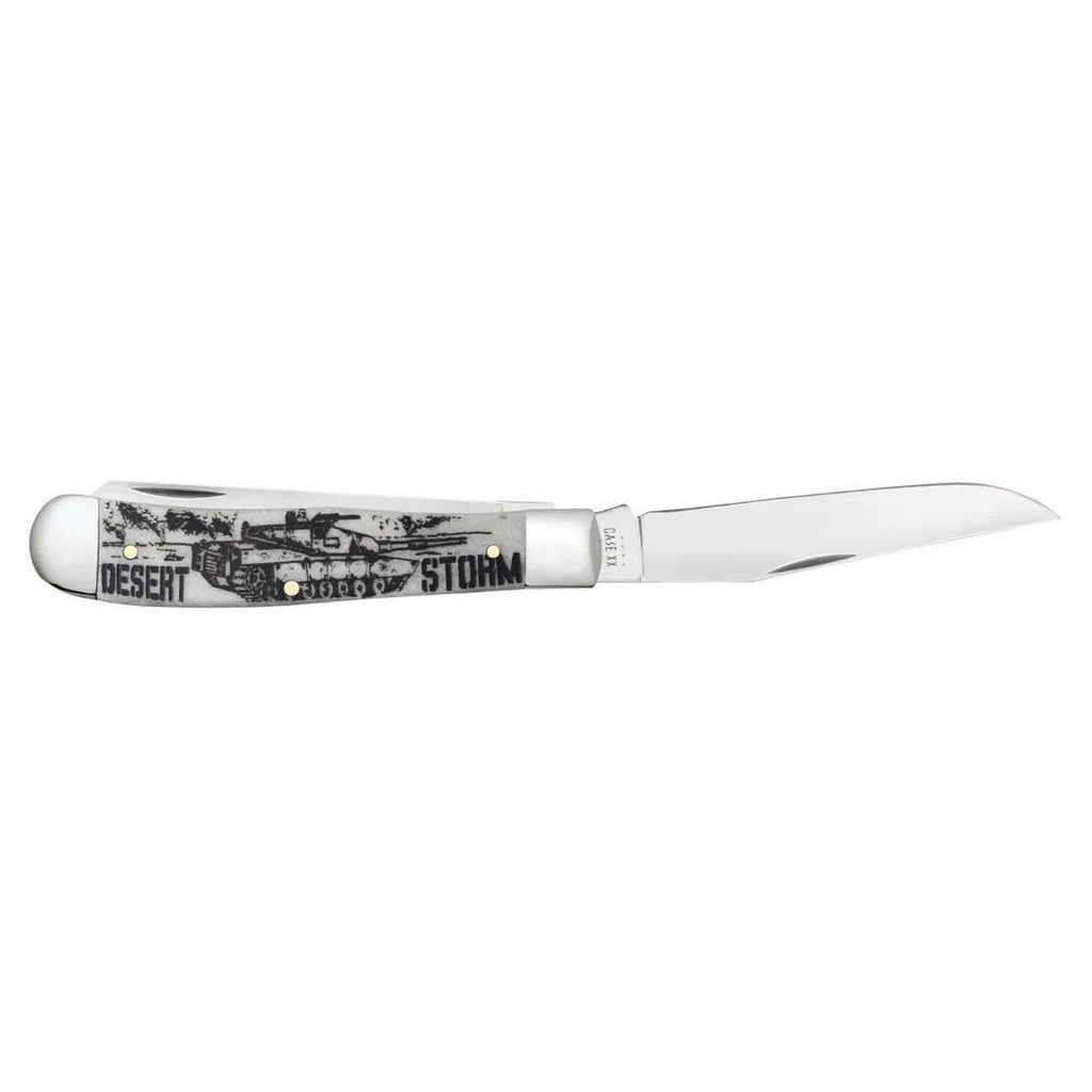 Case XX WR POCKET KNIFE TRAPPER - DESERT STORM - EMBELLISHED SMOOTH NATURAL BONE, ITEM 50953, LENGTH CLOSED 4 1/8 INCH (6254 SS)