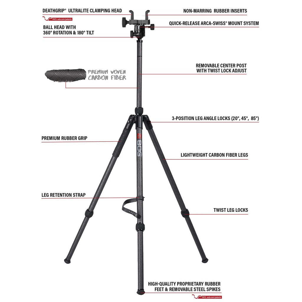 BOG DeathGrip Sherpa Carbon Fiber Tripod with Heavy Duty Construction, 360 Degree Ball Head, Quick-Release Arca-Swiss Mount System, and Optics Plate for Hunting, Shooting, Glassing, and Outdoors
