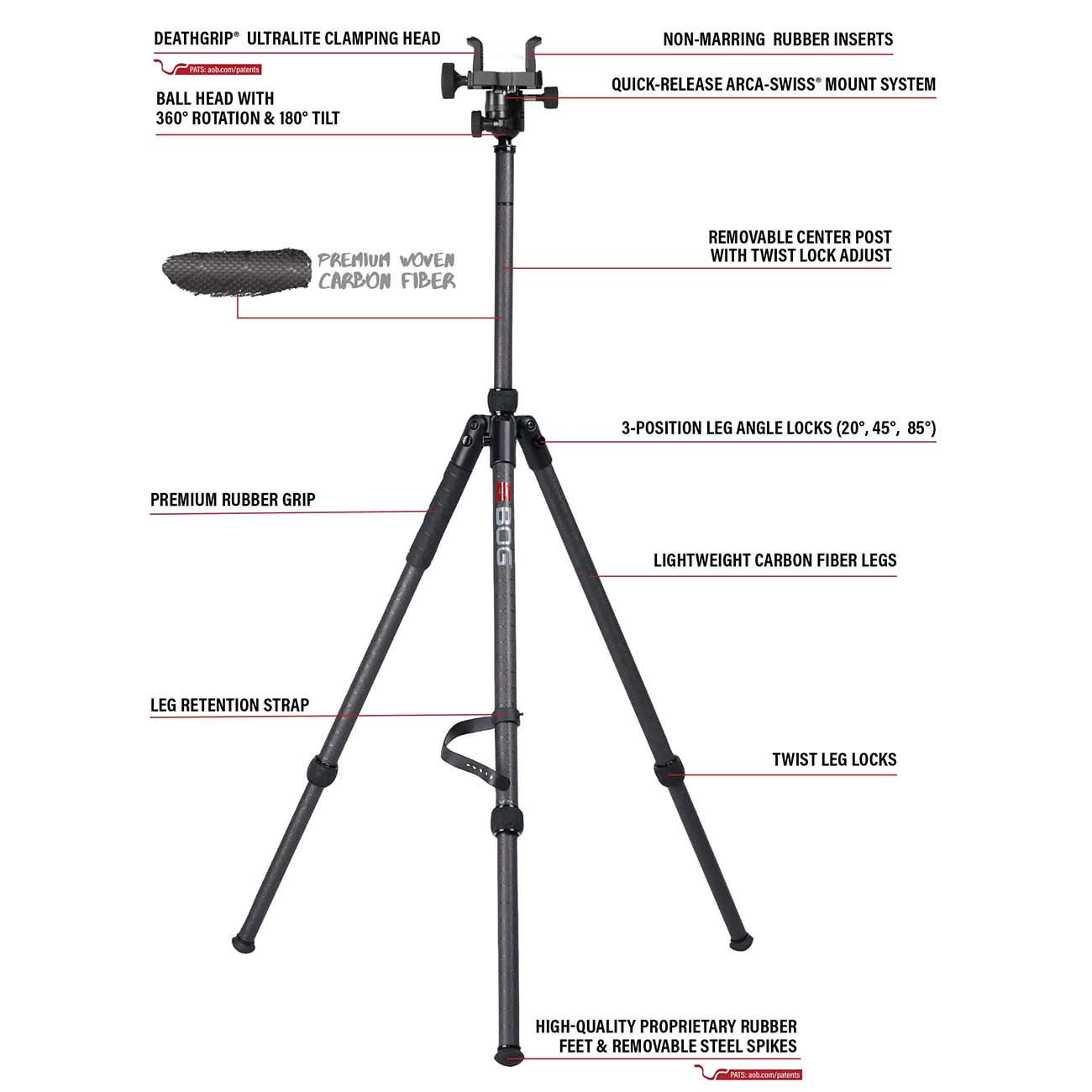 BOG DeathGrip Sherpa Carbon Fiber Tripod with Heavy Duty Construction, 360 Degree Ball Head, Quick-Release Arca-Swiss Mount System, and Optics Plate for Hunting, Shooting, Glassing, and Outdoors