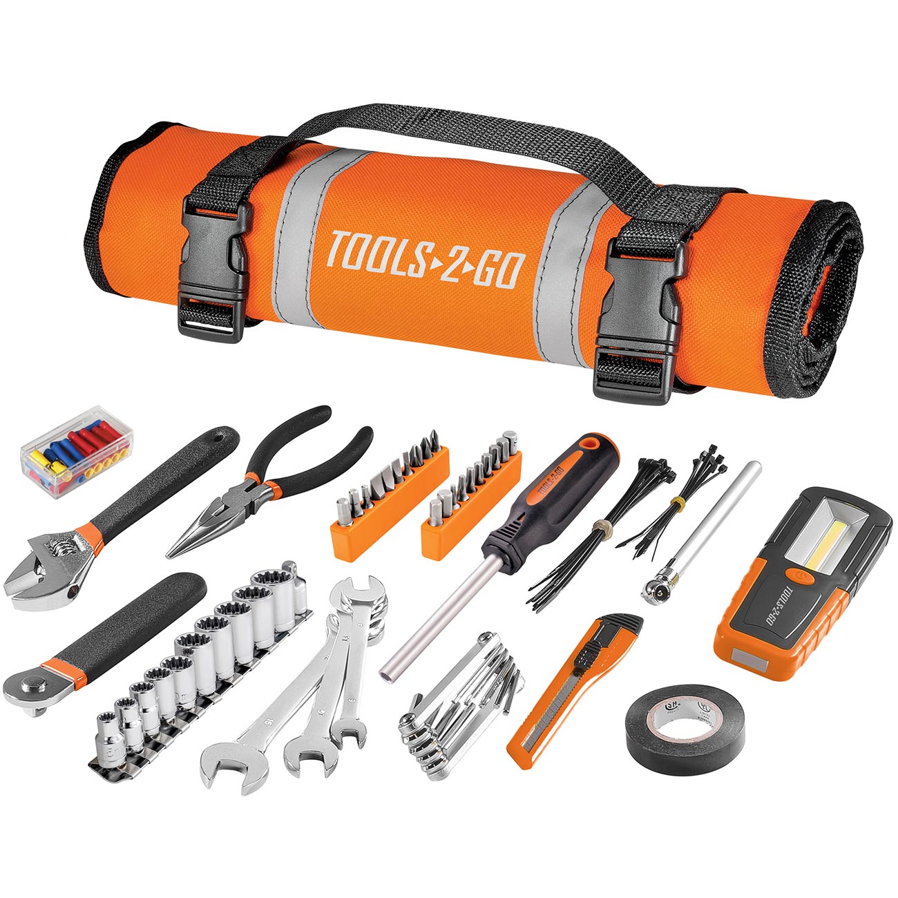 Tools-2-Go Tool 83 Piece Set with Roll-Up Pouch, Wrenches, Pliers, Work Light, Sockets, and Bits for Motorcycle, Car, Truck, ATV - 240119