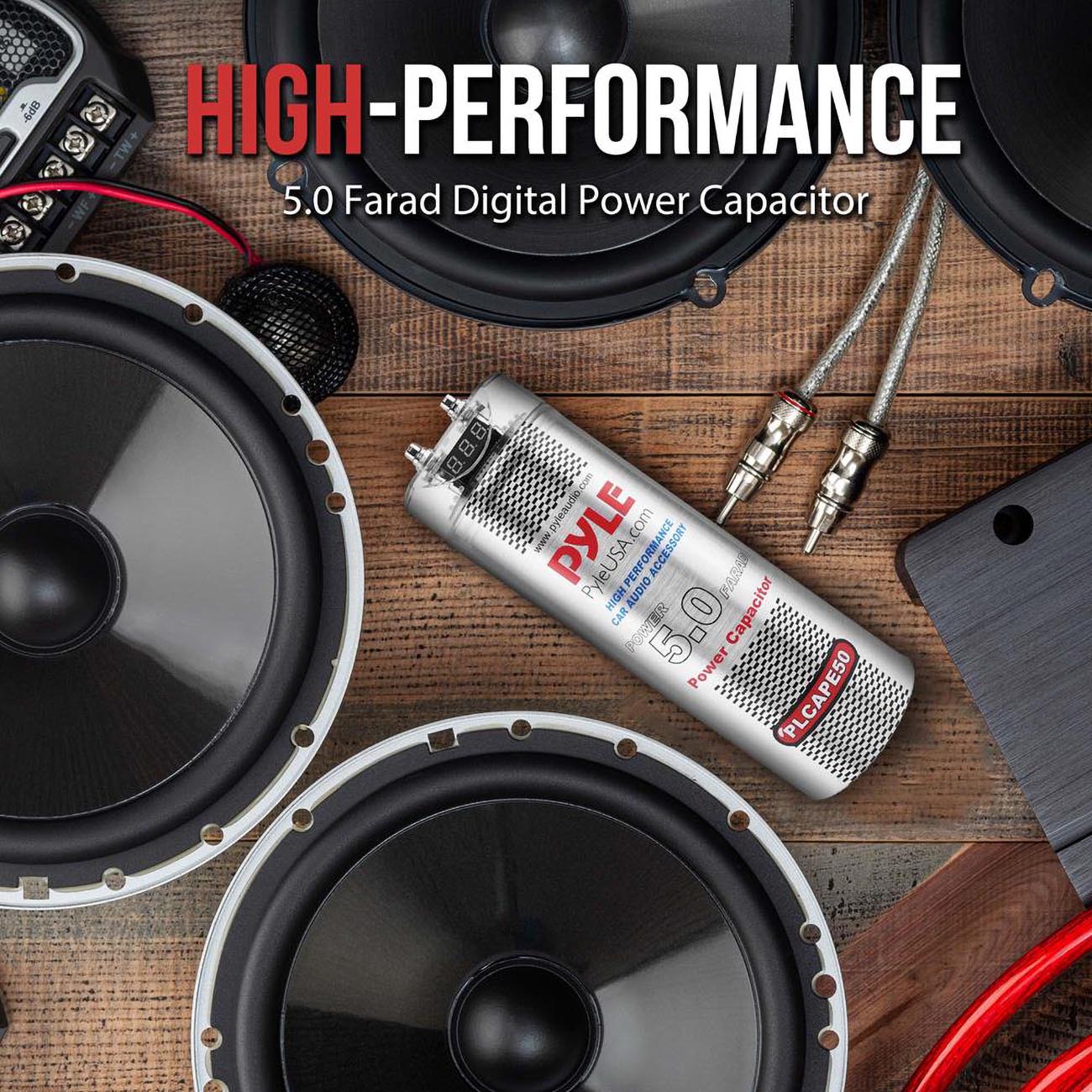 Pyle 5.0 Farad Digital Power Capacitor - High-Performance Car Audio Accessory with Blue Digital Display, Voltage Readout, Over Voltage Protection, Mounting Hardware, DC 12-24V - PLCAPE50