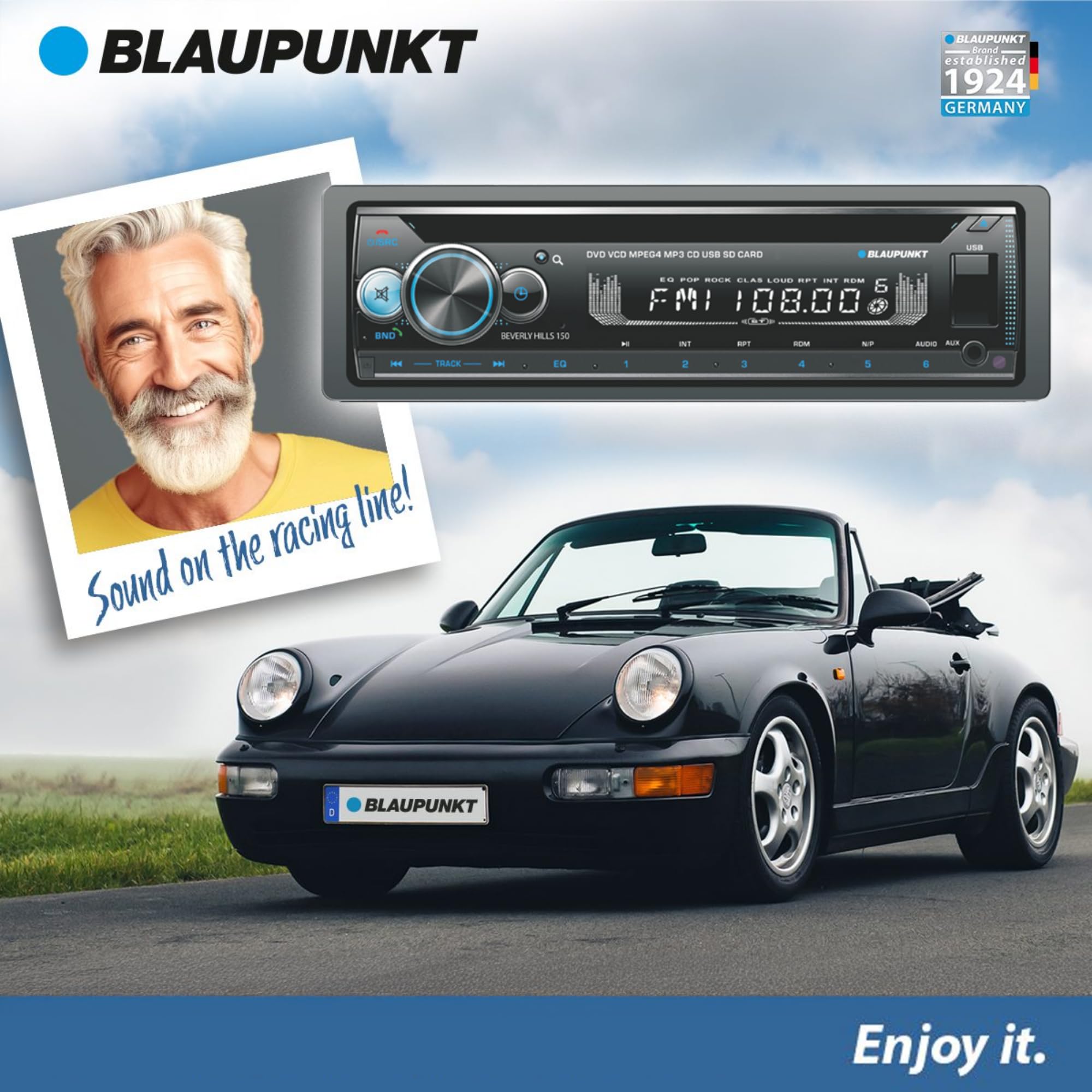 BLAUPUNKT Beverly Hills 150 Multimedia Car Stereo - 120W Peak Power, Bluetooth Connectivity, Hands-Free Calling, Detachable Faceplate, DVD & CD Receiver, USB/SD, AM/FM, Remote Control - Black