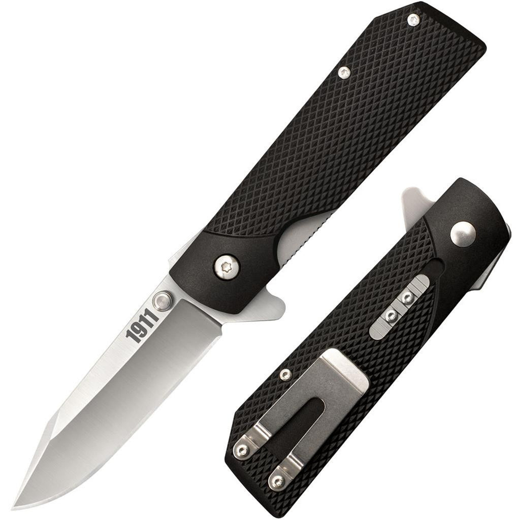 Cold Steel 1911 Folding Knife with Liner Lock, Checkered Griv-Ex Handle, Ambidextrous Pocket Clip, and Flipper, Silver & Black