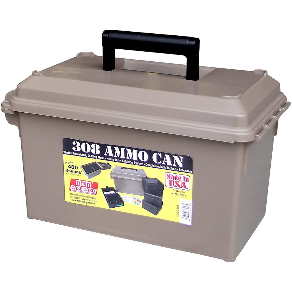 MTM ACC308 308-Caliber Ammo Can with 4 RM-100 Boxes, Holds 400 rounds, Rugged polypropylene plastic, Water-resistant seal, latching system, Double padlock tapped for security, Dark Earth