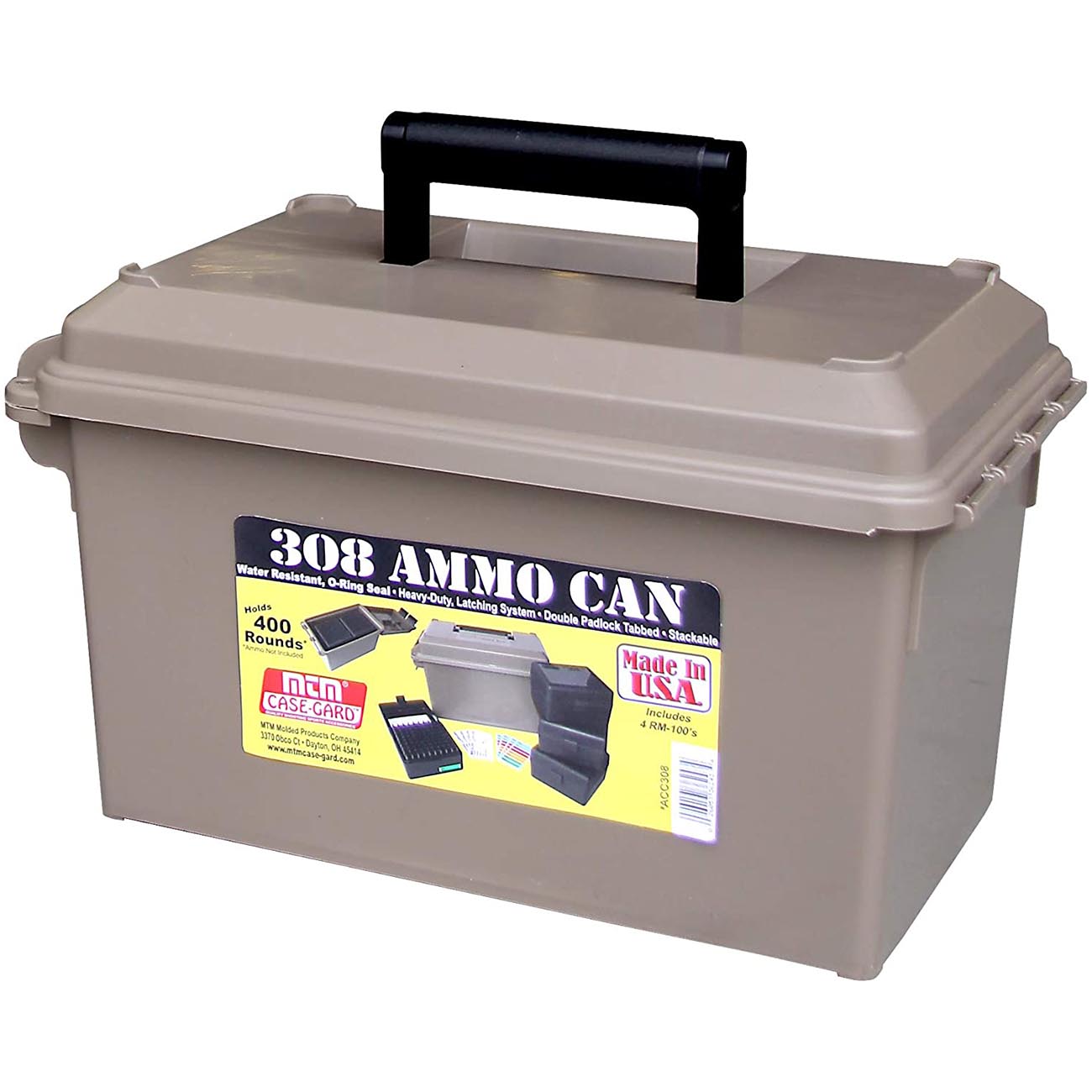 MTM ACC308 308-Caliber Ammo Can with 4 RM-100 Boxes, Holds 400 rounds, Rugged polypropylene plastic, Water-resistant seal, latching system, Double padlock tapped for security, Dark Earth