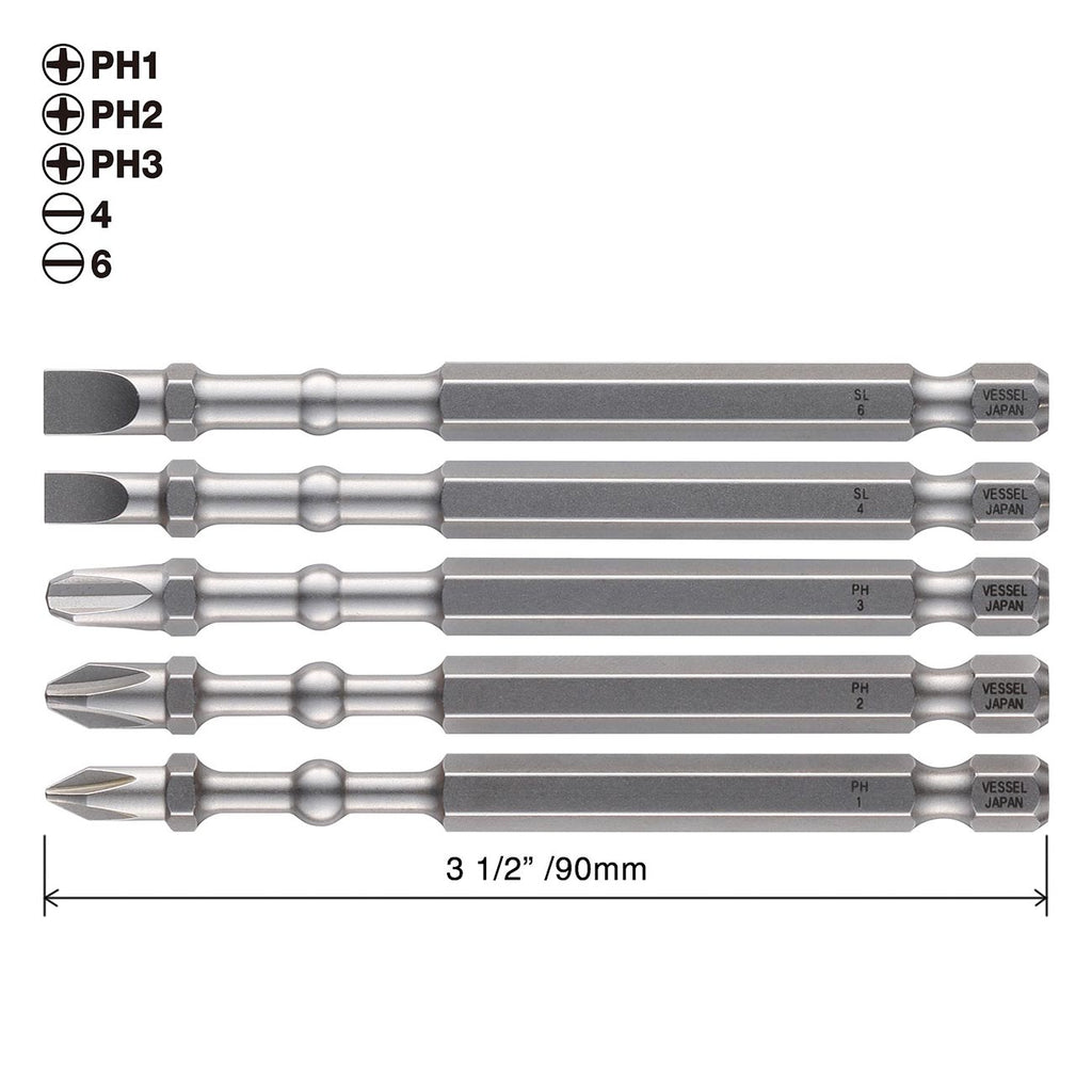VESSEL IMAPCT BALL Torsion Bit with Mag Charge Holder 5PC. Set (+1, +2, +3, #4(3/16"), #6(1/4")) IBMG90K001 Made in Japan by VESSEL
