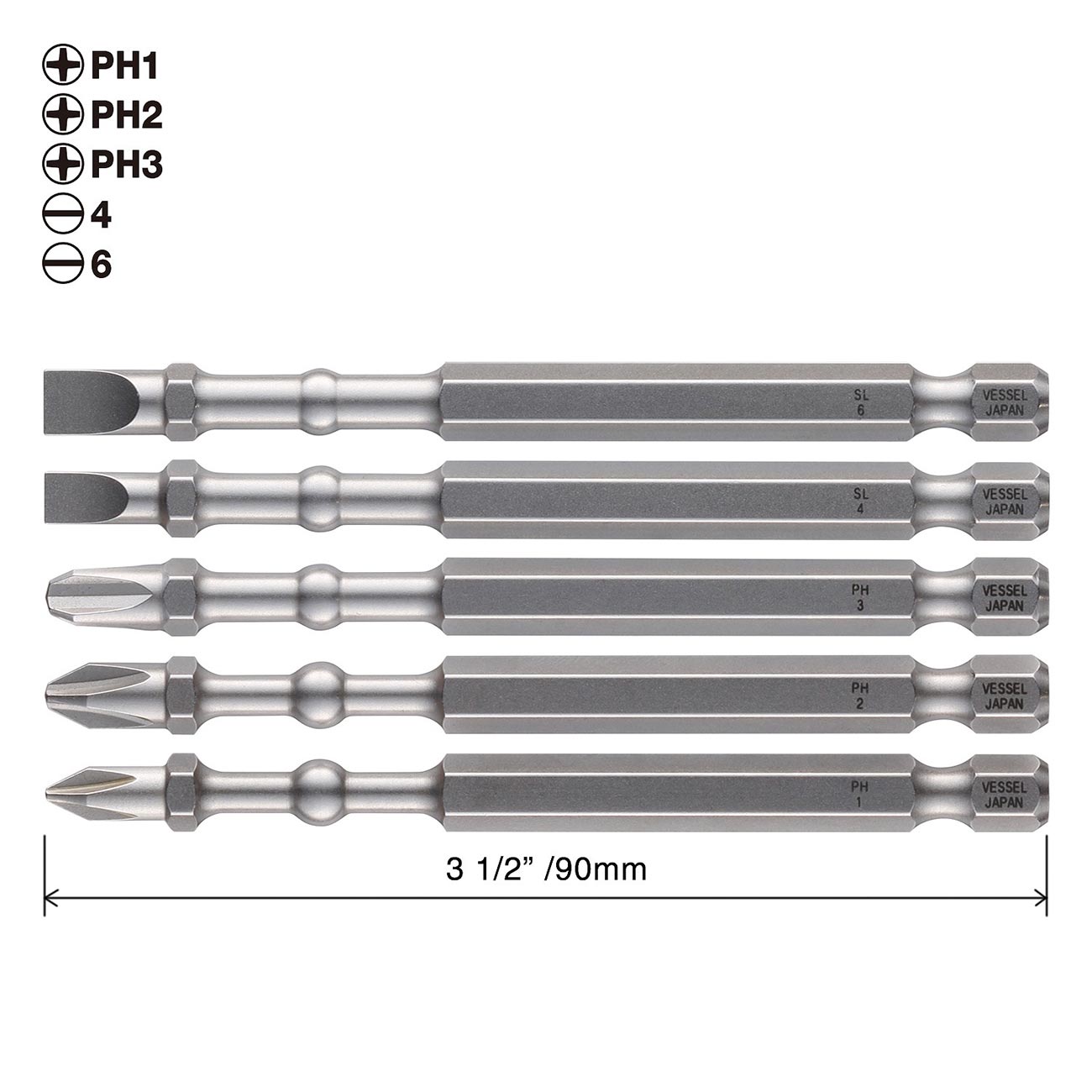 VESSEL IMAPCT BALL Torsion Bit with Mag Charge Holder 5PC. Set (+1, +2, +3, #4(3/16"), #6(1/4")) IBMG90K001 Made in Japan by VESSEL
