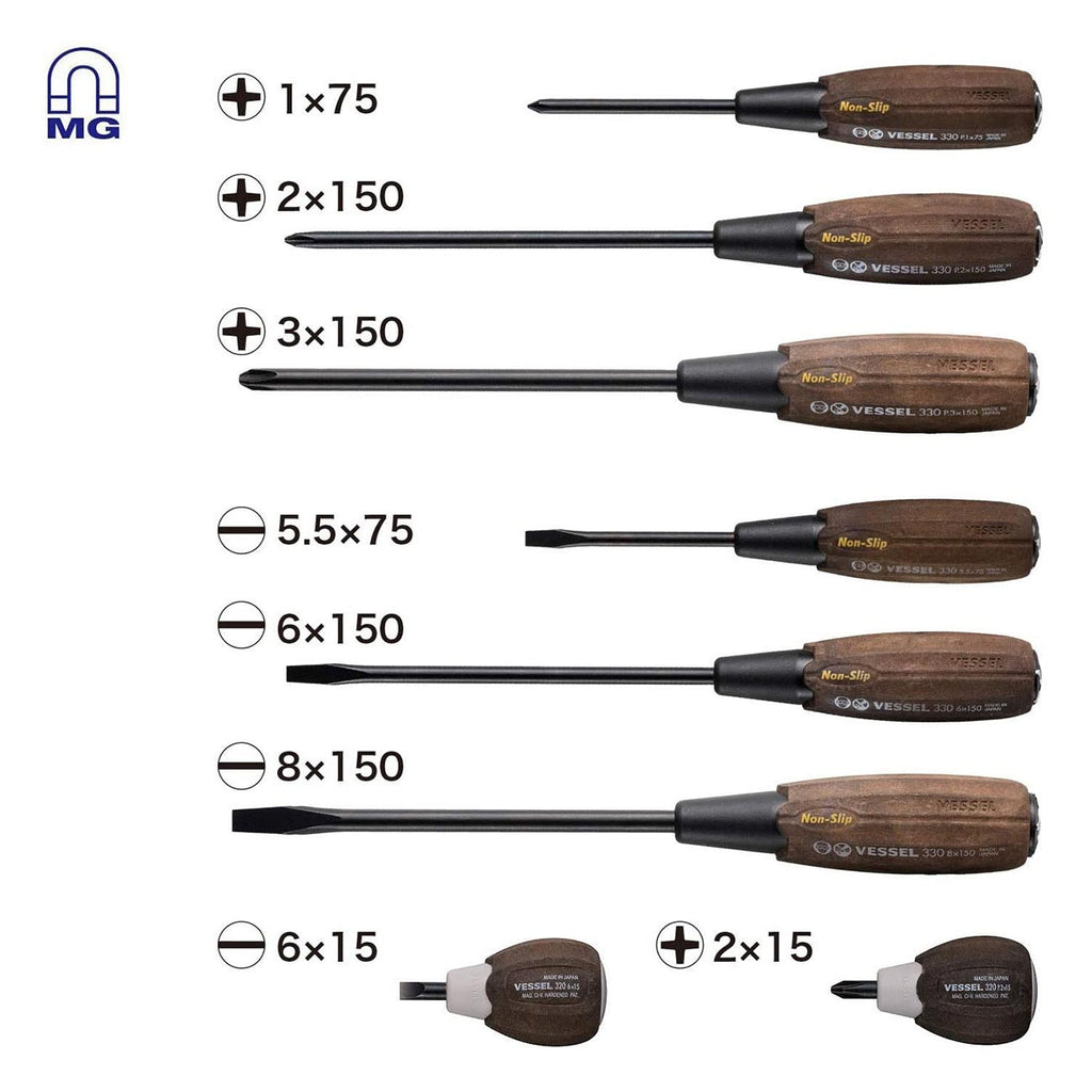 VESSEL WOOD-COMPO Non-Slip Tang-Thru Screwdriver (8PC. SET 3308EVA)