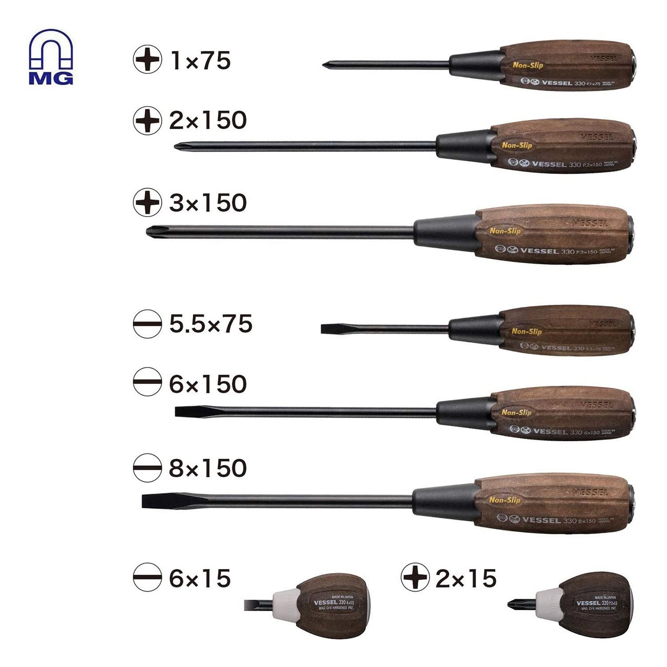 VESSEL WOOD-COMPO Non-Slip Tang-Thru Screwdriver (8PC. SET 3308EVA)