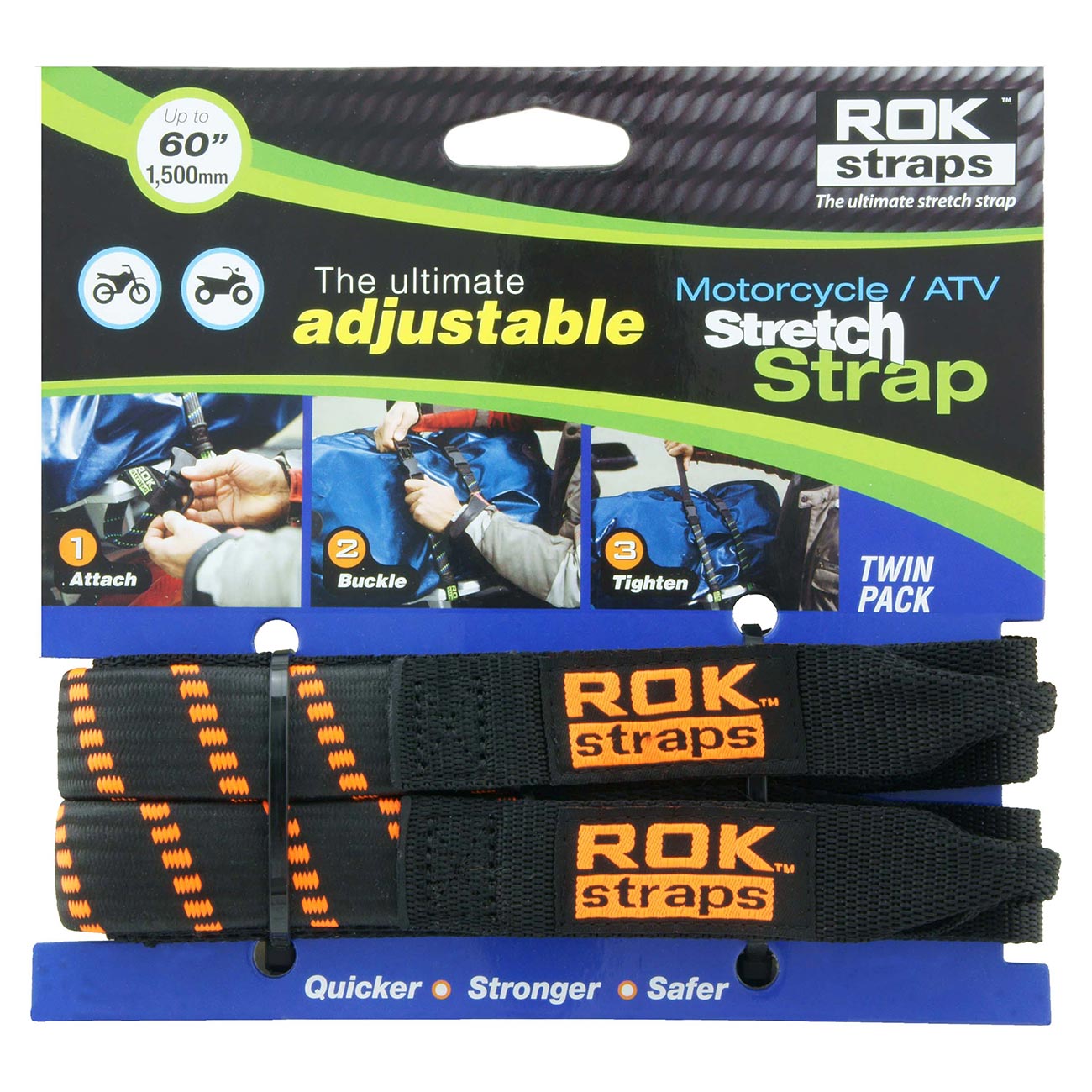 ROK Straps ROK-10031 Black/Orange 18" - 60" Motorcycle/ATV Adjustable Stretch Strap