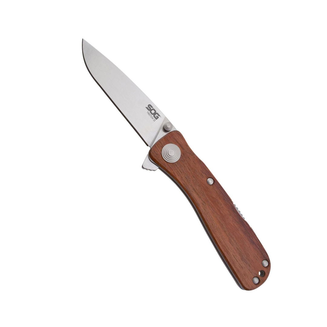 SOG Twitch ll Drop Point Pocket Knife - SOG Assisted Technology EDC Knife with 2.65 Inch Stainless Steel Blade and Wood Handle- Satin (TWI17-CP)