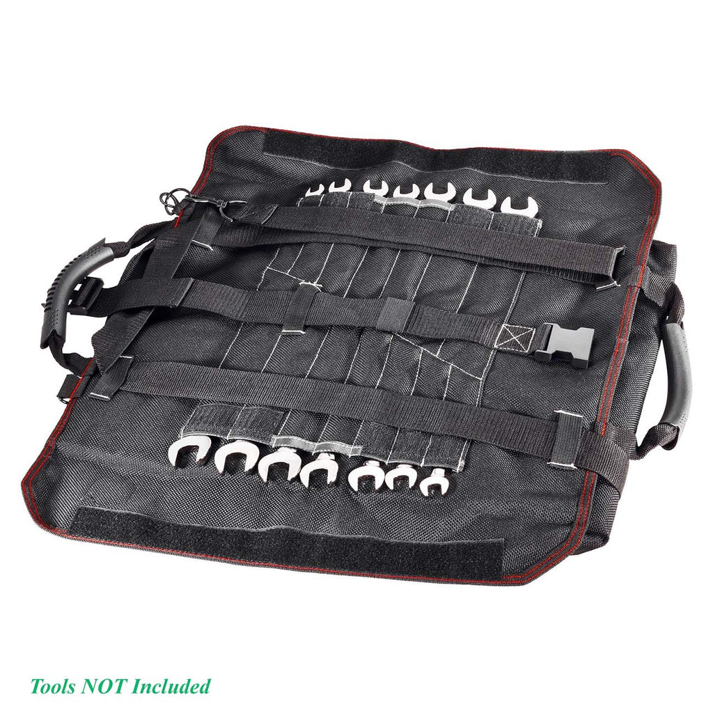 Powerbuilt Pro Tool Bag Roll Organizer, Portable, Great for Off-Road, Heavy Duty 1200D Polyester, 18-1/2 in. x 15 in. Open Size, Hanging Strap, Carry Handle, 5 Zipper Pockets, 14 Wrench Slots