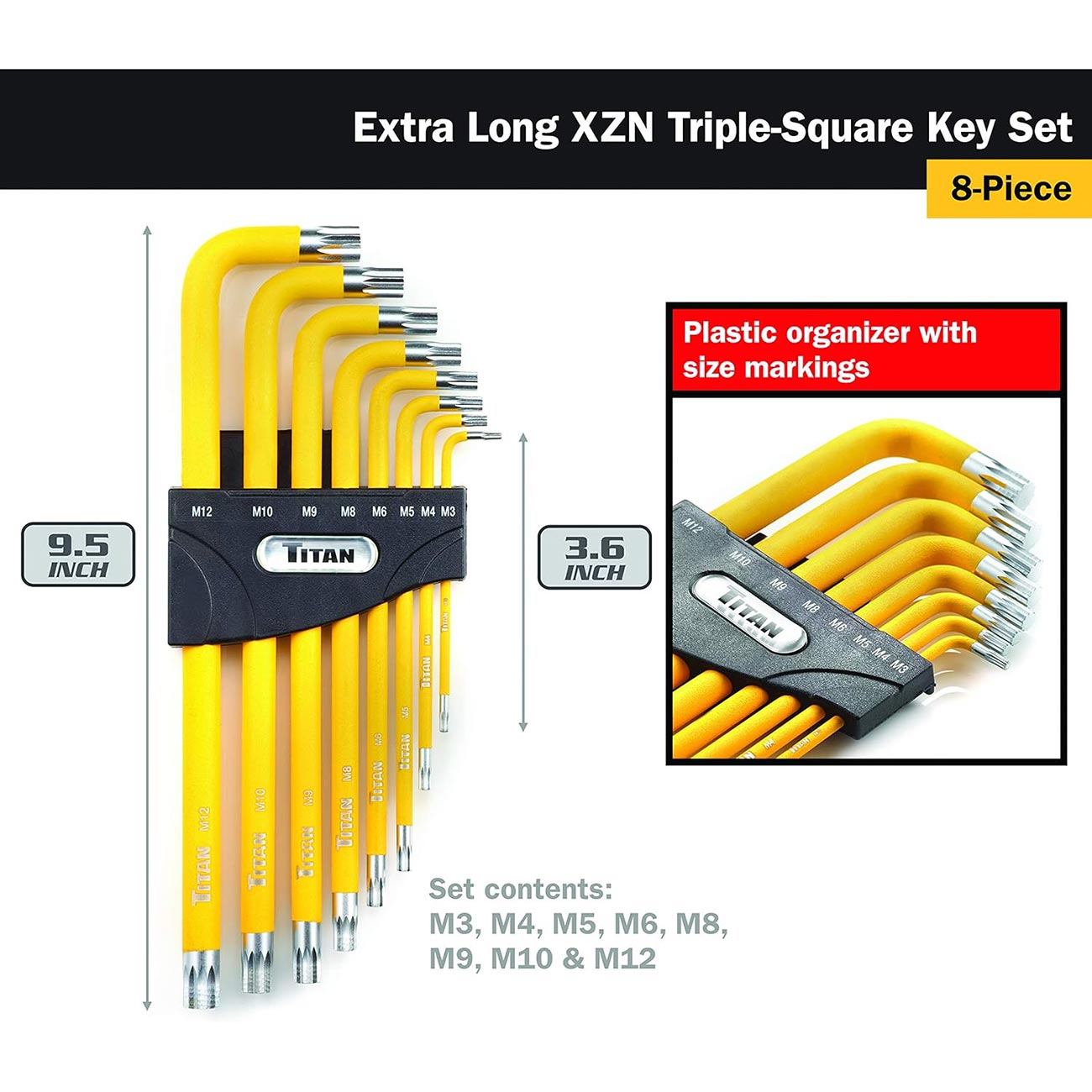 Titan 12733 Extra-Long Arm Triple Square Key Set - 8 Piece