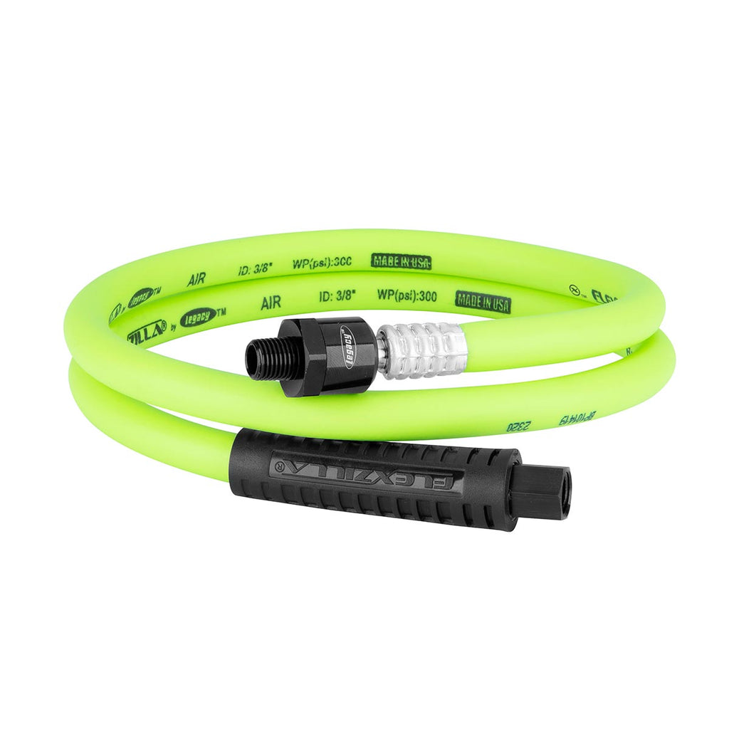 Flexzilla Swivel Whip Air Hose, 3/8 in. x 4 ft. (1/4" MNPT Ball Swivel x 1/4" FNPT Ends), Heavy Duty, Lightweight, Hybrid, ZillaGreen - HFZ3804YW2B