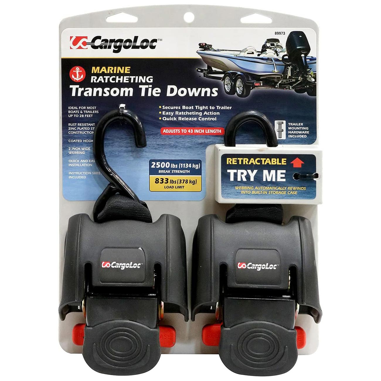 CargoLoc 89973 Retractable Transom Tie-Down, 2 Piece, One Size, Multi