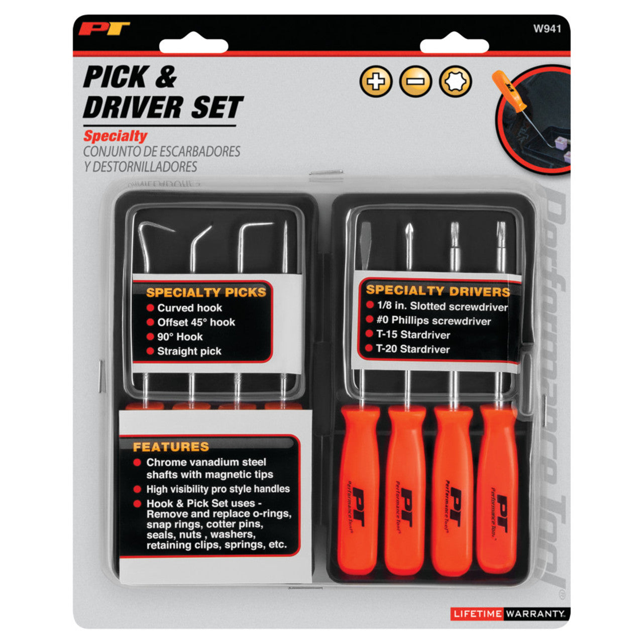 Performance Tool W941 8-Piece Specialty Pick/Driver Set, Precision Pick & Hook Set with Scraper