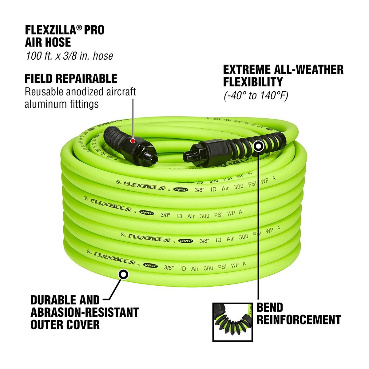 Flexzilla Pro Air Hose, 3/8 in. x 100 ft., Heavy Duty, Lightweight, Hybrid, ZillaGreen - HFZP38100YW2