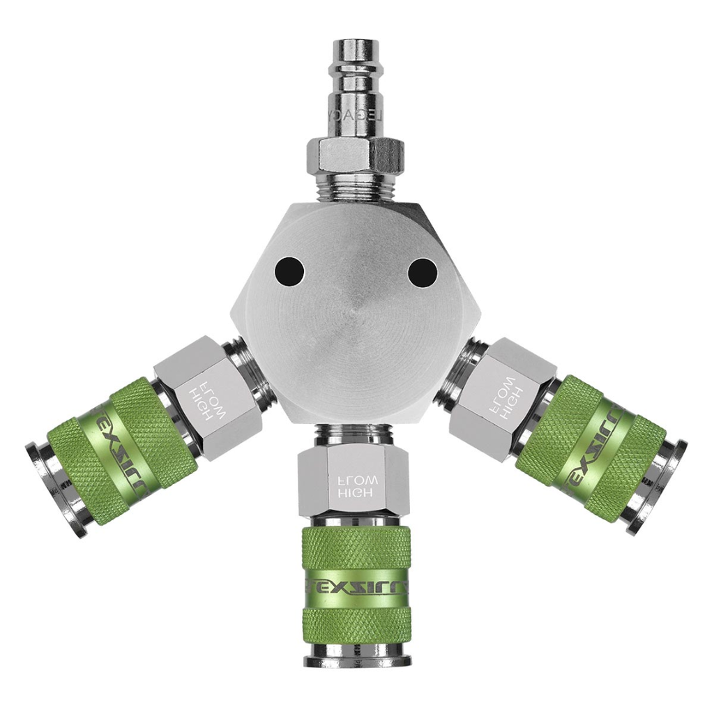 Flexzilla A86666FZ Pro High Flow 3-Way Air Manifold, 3/8" NPT Aluminum Splitter with 3 Couplers & 1 Plug