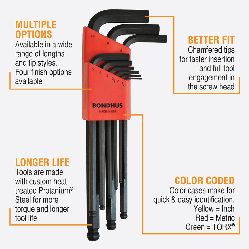Bondhus 10999 Set of 9 Balldriver L-wrenches, ProGuard Finish, sizes 1.5-10mm