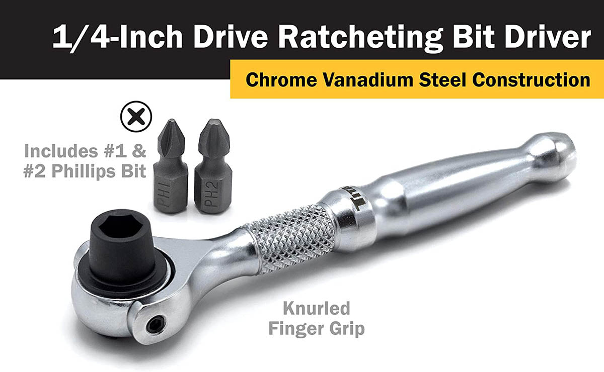 Titan 11318 1/4-Inch Drive x 4-Inch 90-Tooth Swivel Head Micro Ratcheting Bit Driver - Silver