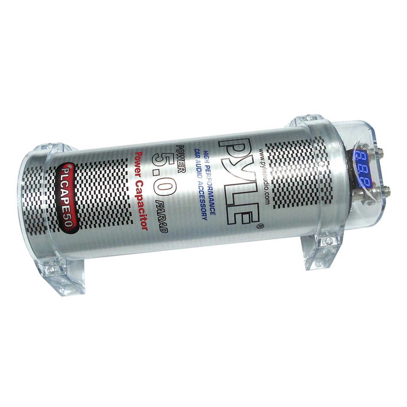 Pyle 5.0 Farad Digital Power Capacitor - High-Performance Car Audio Accessory with Blue Digital Display, Voltage Readout, Over Voltage Protection, Mounting Hardware, DC 12-24V - PLCAPE50
