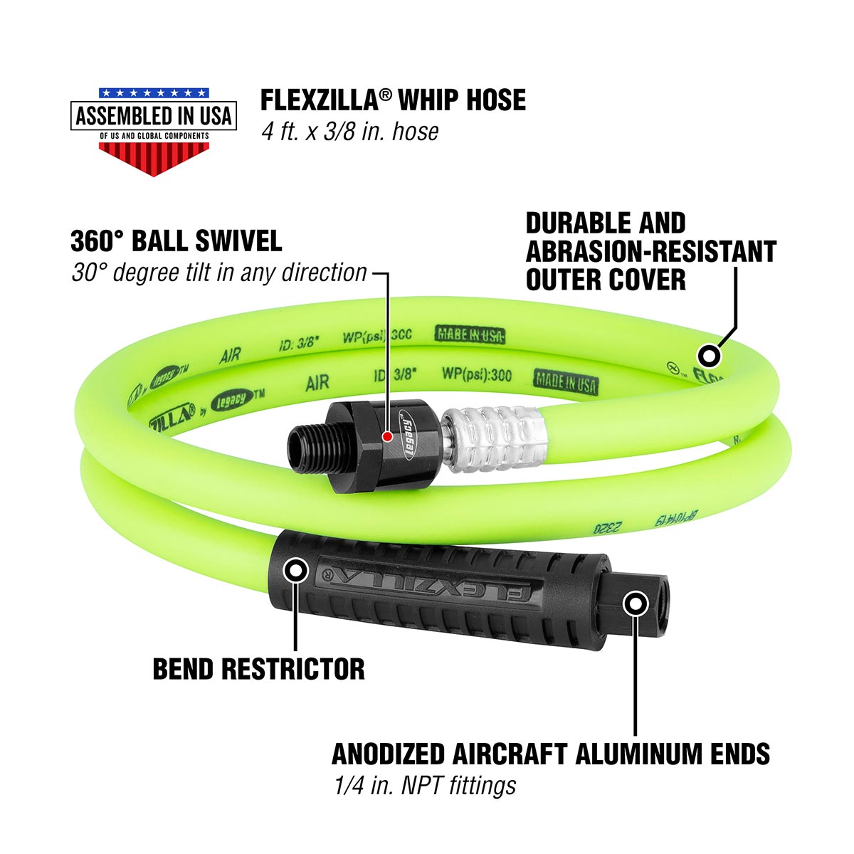 Flexzilla Swivel Whip Air Hose, 3/8 in. x 4 ft. (1/4" MNPT Ball Swivel x 1/4" FNPT Ends), Heavy Duty, Lightweight, Hybrid, ZillaGreen - HFZ3804YW2B