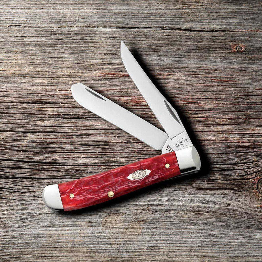 Case Knives Peach Seed Jig Dark Red Bone Mini Trapper Pocket Knife 31952 – Carbon Steel Clip & Spey Blades, Traditional Folding Knife, 3.5” Closed