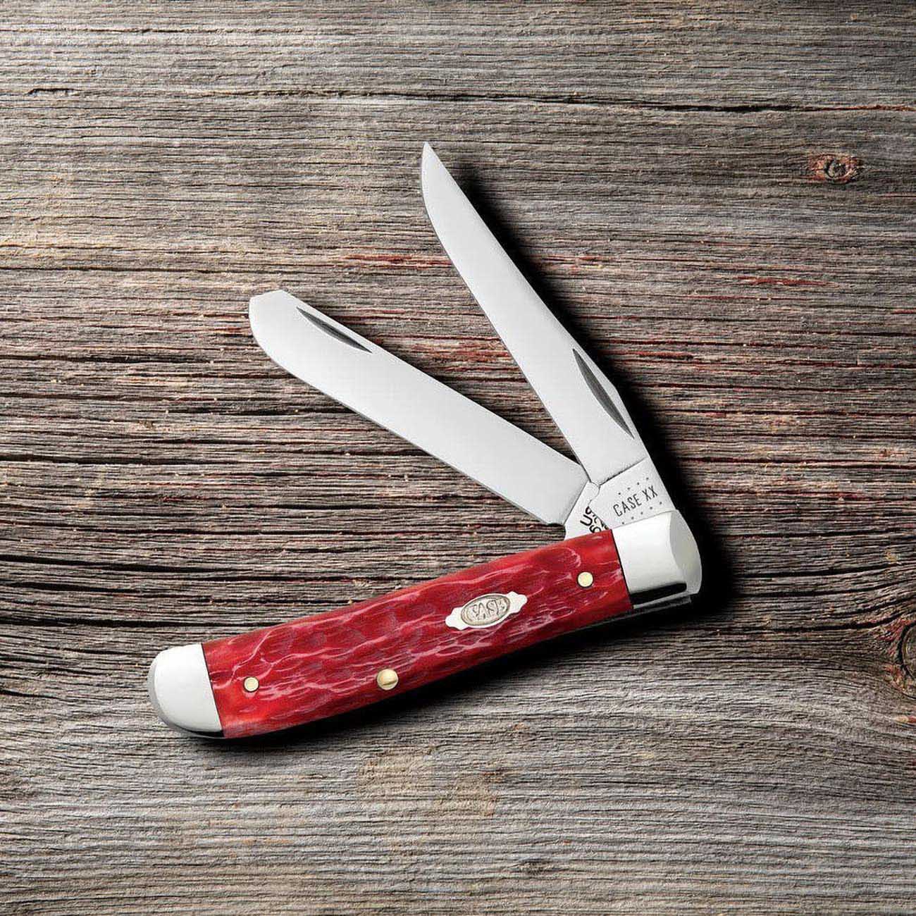 Case Knives Peach Seed Jig Dark Red Bone Mini Trapper Pocket Knife 31952 – Carbon Steel Clip & Spey Blades, Traditional Folding Knife, 3.5” Closed