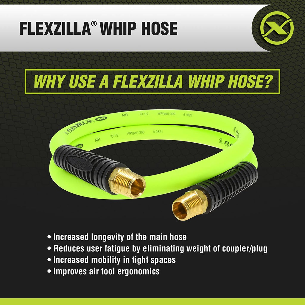 Flexzilla HFZ1204YW4S Swivel Whip Air Hose 4 Ft | 1/2" MNPT Swivel x 1/2 in" MNPT Ends | Extreme All Weather Flexibility | Lightweight