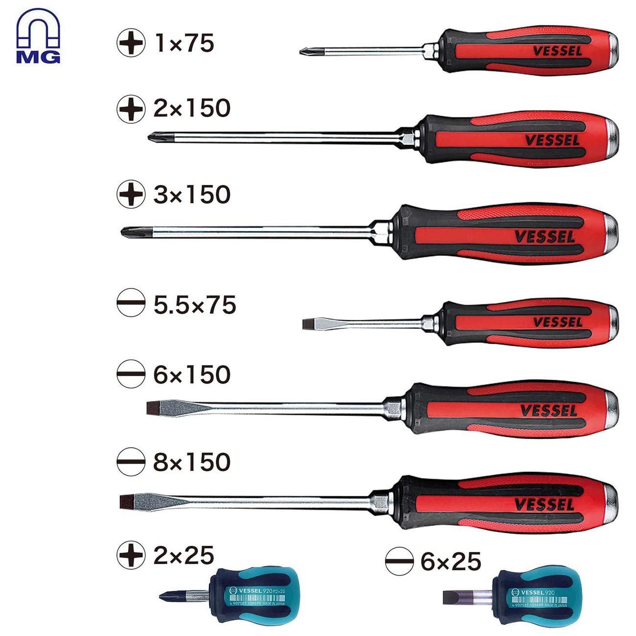 VESSEL MEGADORA Tang-Thru Screwdriver Set 8pcs. 9308EVA (EVA Foam set/Tang Thru)