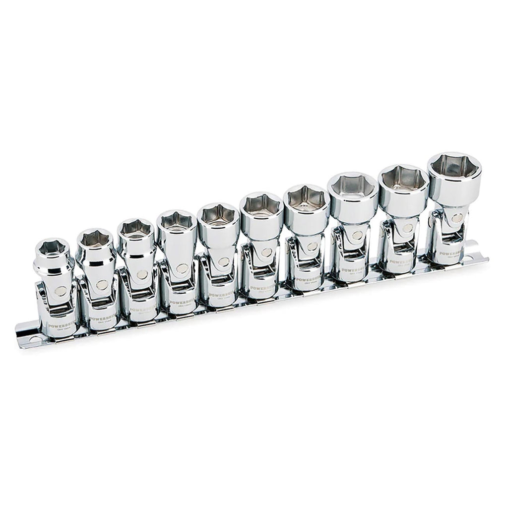 Powerbuilt 10 Piece 3/8-Inch Drive Metric Universal Joint Socket Set, 0mm to 19mm 6 Point Swivel Socket, Flex Socket Kit with Storage Rail, 641715