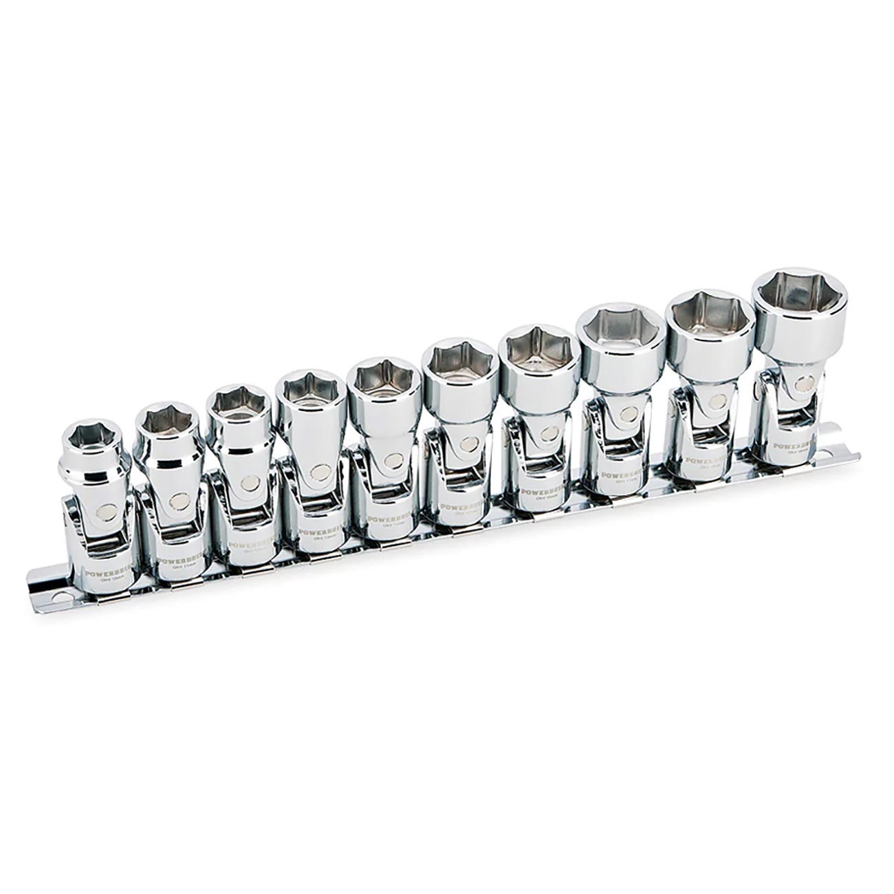 Powerbuilt 10 Piece 3/8-Inch Drive Metric Universal Joint Socket Set, 0mm to 19mm 6 Point Swivel Socket, Flex Socket Kit with Storage Rail, 641715